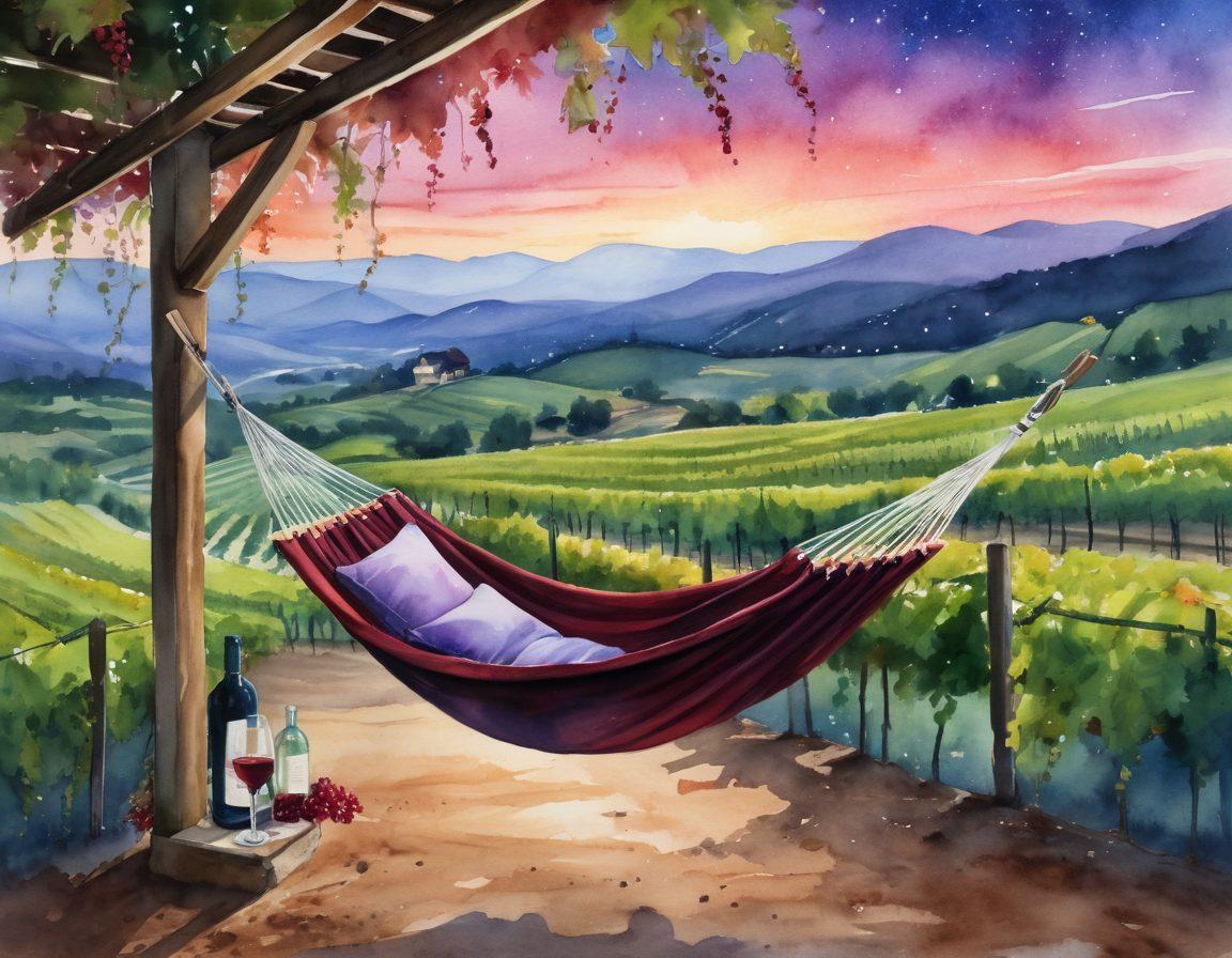 A serene vineyard at dusk, with a glass of red wine in the foreground showcasing its rich color, and a dreamy night sky filled with stars above. Subtle hints of grapes and lavender add a calming atmosphere, juxtaposed with a cozy hammock suggesting relaxation and sleep. A gentle breeze rustles the leaves, creating a tranquil feeling. soft-focus. vibrant colors. watercolor.