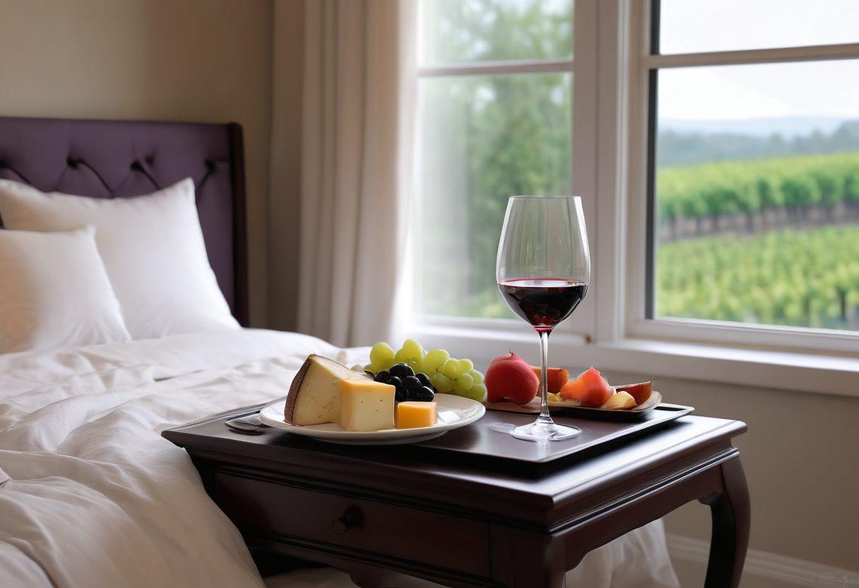 A serene bedroom scene featuring a beautifully set bedside table with a glass of red wine and a plate of gourmet cheese and fruit, soft ambient lighting, and a comfy bed with plush pillows. Reflective of relaxation, a dreamy atmosphere with a subtle hint of vineyard scenery visible through a window. Emphasize soothing colors and textures. super-realistic. vibrant colors.