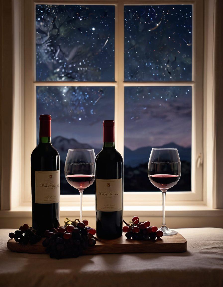 A serene bedroom scene featuring a bottle of red wine and two glasses resting on a bedside table, soft ambient lighting creating a calming atmosphere. In the background, a window reveals a peaceful night sky filled with stars, symbolizing tranquility and restful sleep. A few grapes scattered artistically on the table to enhance the connection to wine and health. super-realistic. warm colors. soft focus.